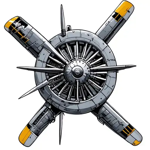 Make me a mainly black a white tattoo with a pop of color for a man. Include an old radial aircraft engine, a neutral ma tattoo design idea