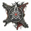 Upside down cross, bloody. satanic pentagram. blood splatter. realistic human eye Inside of the Pentagram crying blood. tattoo design idea