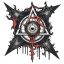 Upside down cross, bloody. satanic pentagram. blood splatter. realistic human eye Inside of the Pentagram crying blood. tattoo design idea