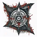Upside down cross, bloody. satanic pentagram. blood splatter. realistic human eye Inside of the Pentagram crying blood. tattoo design idea