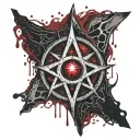 Upside down cross, bloody. satanic pentagram. blood splatter. realistic human eye Inside of the Pentagram crying blood. tattoo design idea