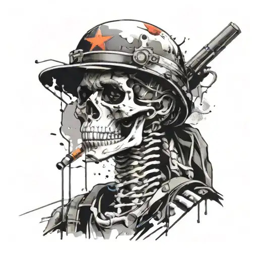 Military Skeleton soldier with cigarrete and red eyes tattoo design idea