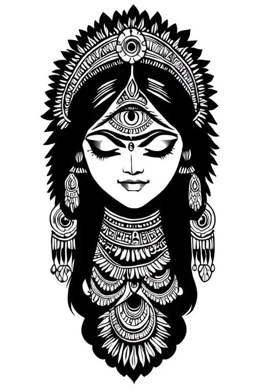 Indian woman with eyes closed mythology Maya Inca Third Eye tattoo design idea