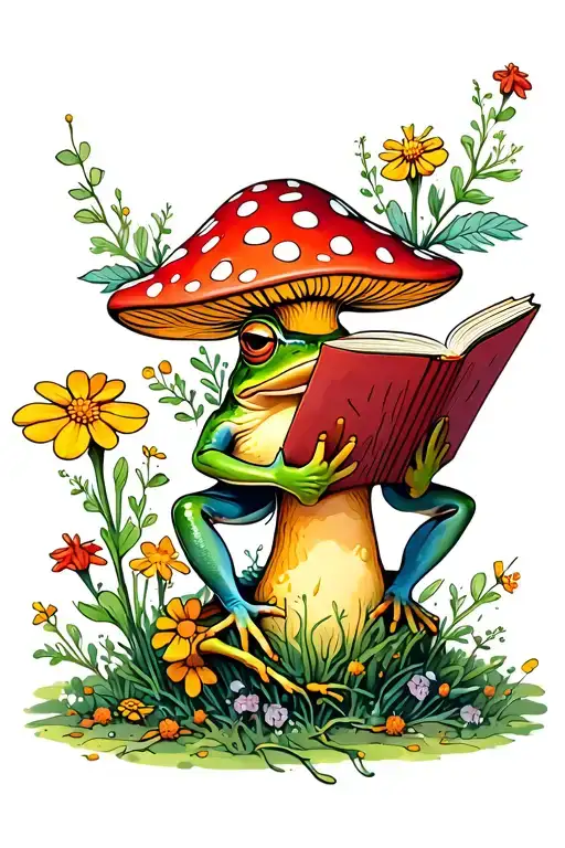 frog reading on a toadstool mushrooms and wild flowers tattoo design idea