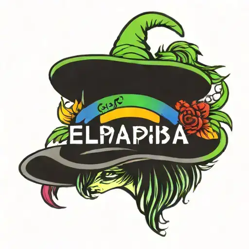 words "Friend of Elphaba" in pride flag colours incorporating a witch or witches hat  tattoo design idea