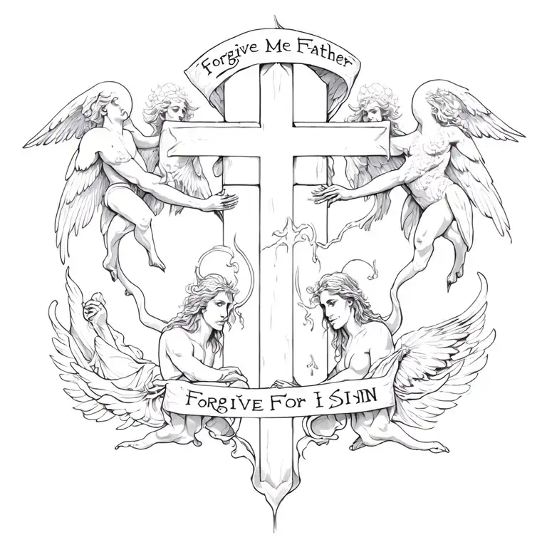 A cross in the middle with angels on one side and demons on the other with the phrase "Forgive Me Father For I Sin"  tattoo design idea