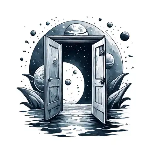 wimsicle outerspace tattoo, open door, water color tattoo design idea