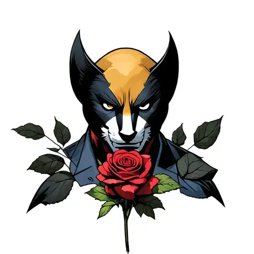 Wolverine animal head in suit holding a rose tattoo design idea