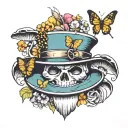 A pimp hat with mushrooms growing out of it, surrounded by colorful butterflies and flowers tattoo design idea