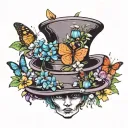 A pimp hat with mushrooms growing out of it, surrounded by colorful butterflies and flowers tattoo design idea