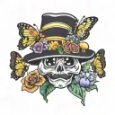 A pimp hat with mushrooms growing out of it, surrounded by colorful butterflies and flowers tattoo design idea