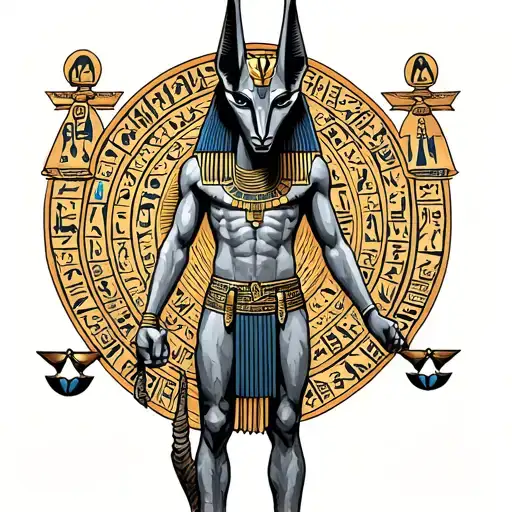 Egyptian god Anubis surrounded by hieroglyphics intertwined libra  tattoo design idea