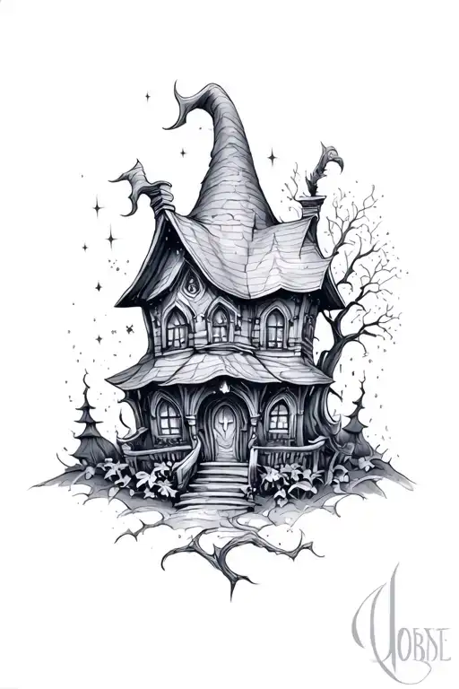 witch house with sparkles black grey tattoo realism tattoo design idea