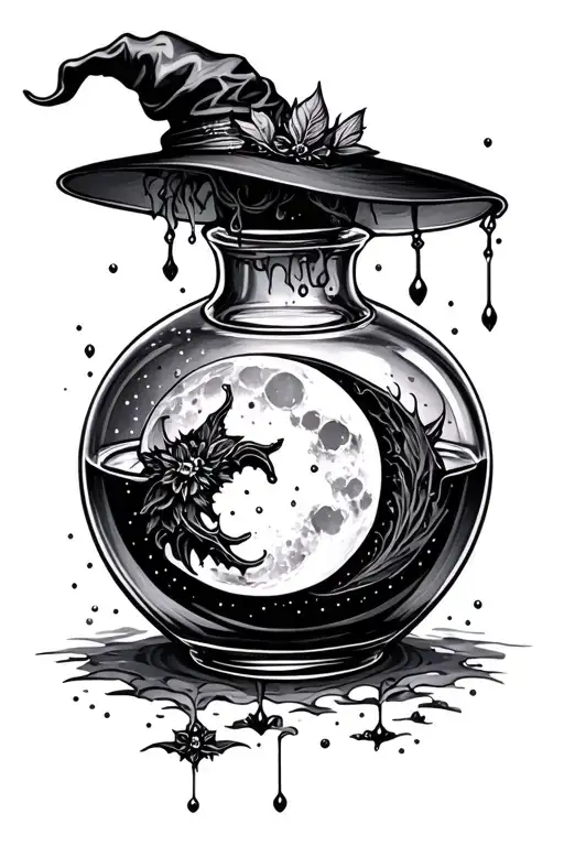Black and grey witch potion bottle with a moon and liquid gothic style tattoo design idea
