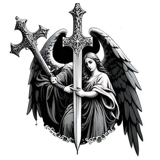 cross and angel holding a sword tattoo design idea