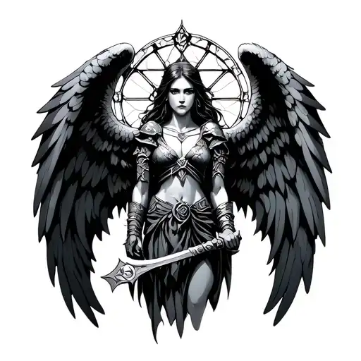 Warrior Angel with gothic stained glass background  tattoo design idea