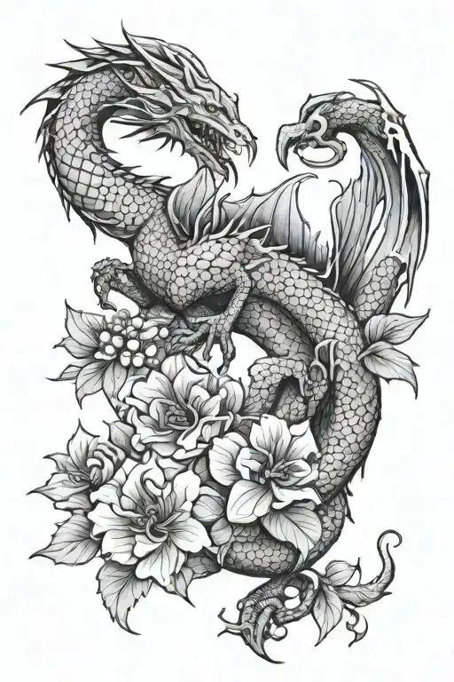 Realistic long dragon with wings adding night shade flowers and berrys tattoo design idea