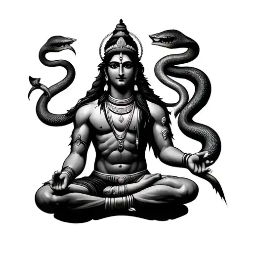 A meditating peaceful Lord Shiva with the perfect face shape. Should have a cobra wrapped around his neck and wearing ru tattoo design idea