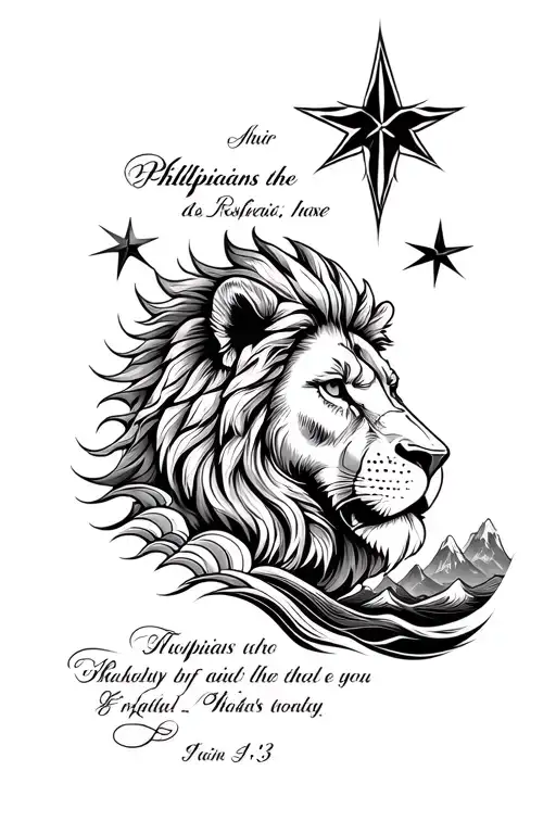 thin line upper arm, include the scripture Phillippians 4:13 and has designs of a lion head, mountains, waves and star tattoo design idea