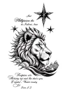 thin line upper arm, include the scripture Phillippians 4:13 and has designs of a lion head, mountains, waves and star tattoo design idea