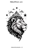 thin line upper arm, include the scripture Phillippians 4:13 and has designs of a lion head, mountains, waves and star tattoo design idea