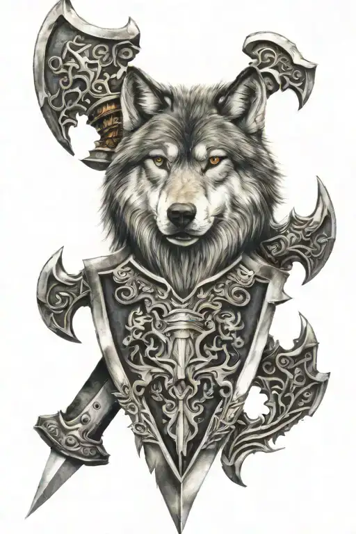 wolf, fierce, brave, protector, shield, and sword tattoo design idea