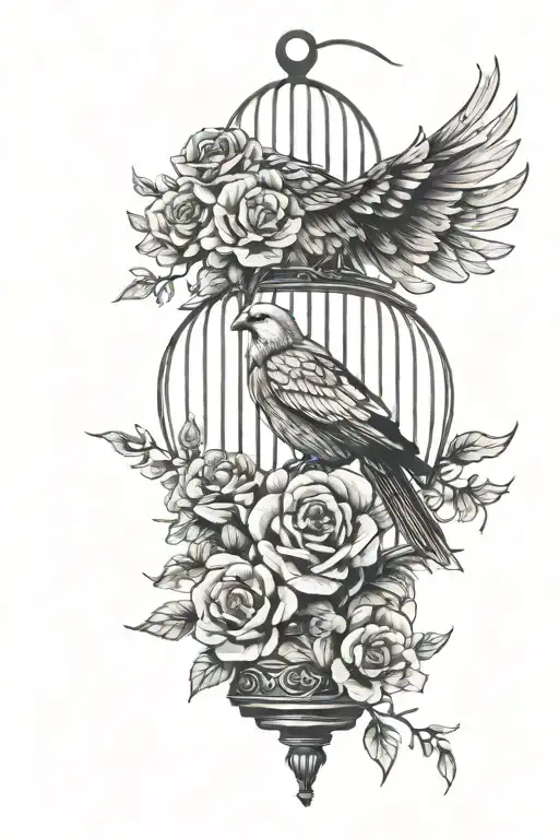 I want full black with white drawing colombes in a cage with flower  tattoo design idea