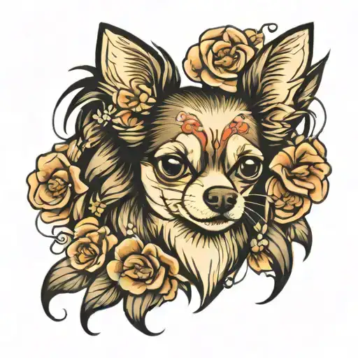 long haired chihuahua with flowers tattoo design idea