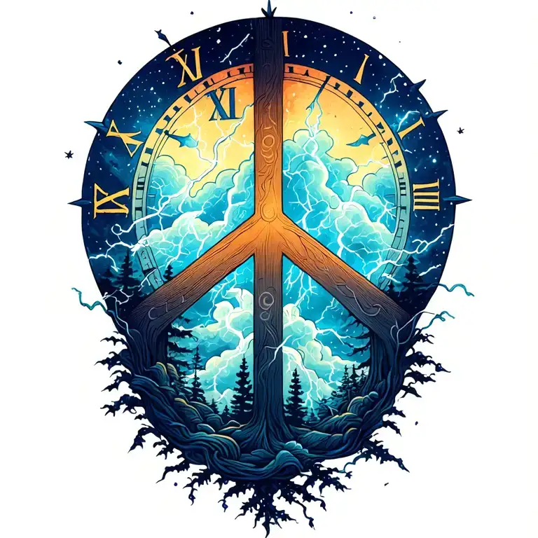peace and lightining storm and time and nature tattoo design idea
