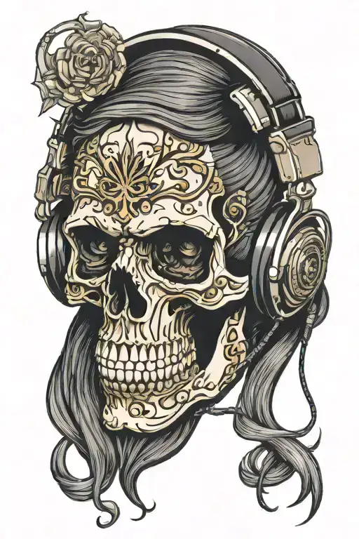 skull wearing headphones tattoo design idea