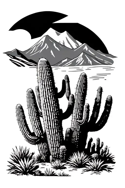 saguaro cacti, camelback mountain scene tattoo design idea