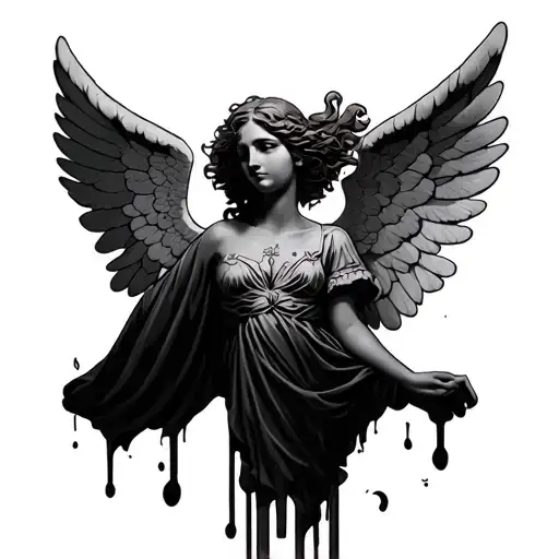 Tattoo with a falling down angel Written We Die Young and Don't Cry tattoo design idea