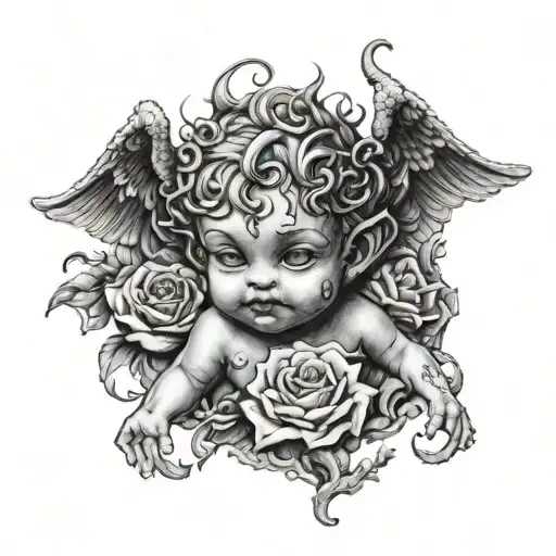 cherub with demon mask tattoo design idea