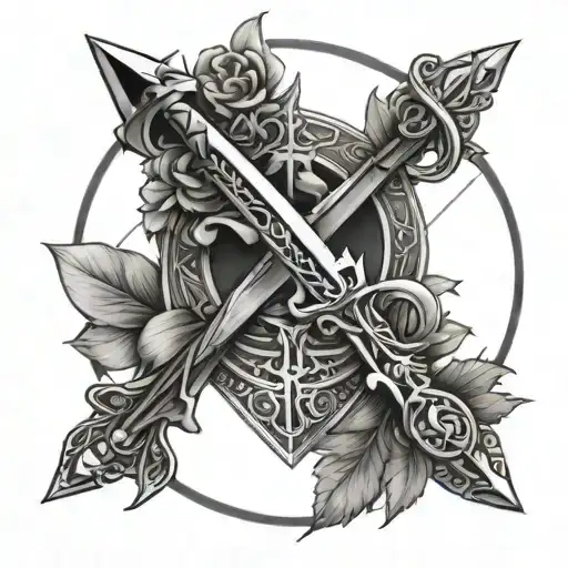 lesbian sword & bow & arrow intertwined tattoo design idea