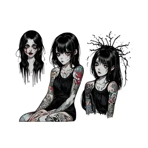 at least one sewp girl and about four tattoos on upper thigh sticker style black ink realism creepy dark junji ito sewp  tattoo design idea
