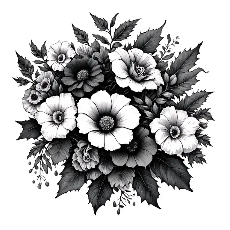 rose, violet, aster, morning glory, holly, and narcissus floral piece tattoo design idea