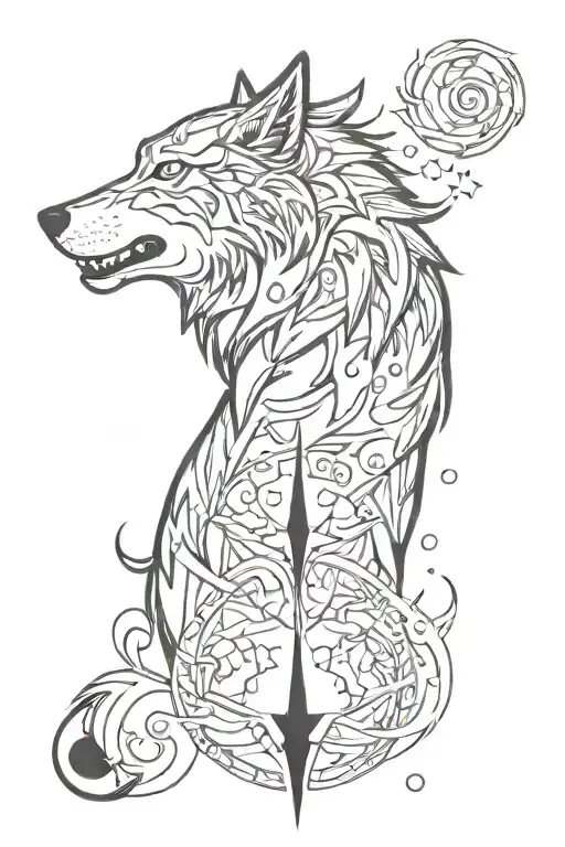 Wolf with blue eyes, background having fire and water elements, the top are moon and star tattoo design idea