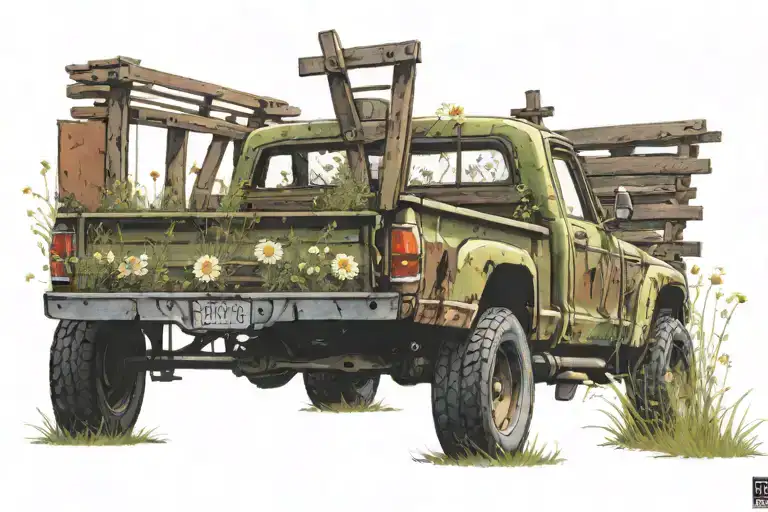 old ford f150 with a back rack with a ladder leaning on the top driving through a daisy field tattoo design idea