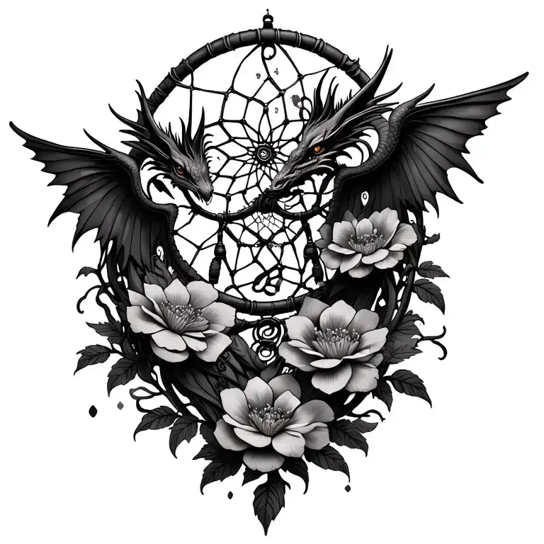 Flower vines growing , dream catcher and 3 small flying dragons tattoo design idea