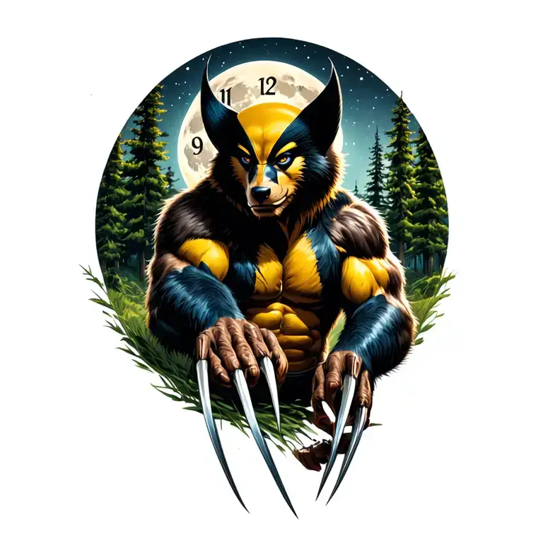 a gentle but fierce Wolverine animal in the wild showing its claws with the forest, moon, and clock in the background tattoo design idea