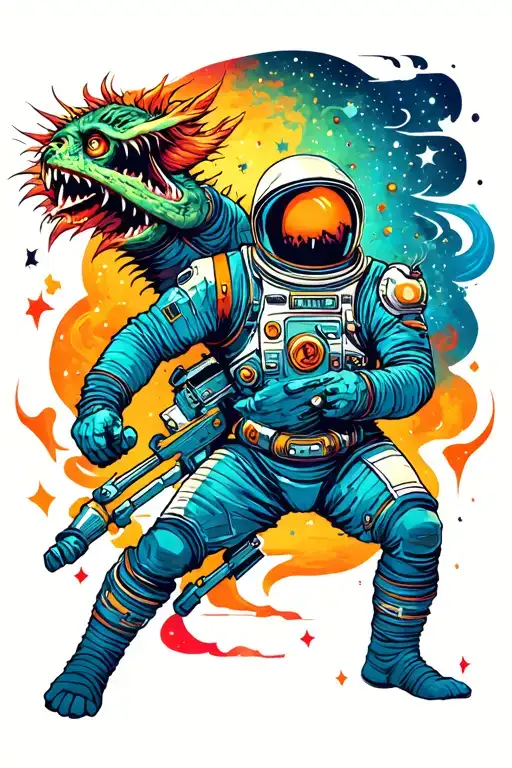 spaceman fighting cosmic monster tattoo design idea