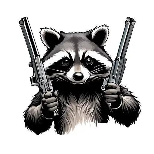 cowboy raccoon with two guns, one pointed up and the other pointed at the viewer tattoo design idea
