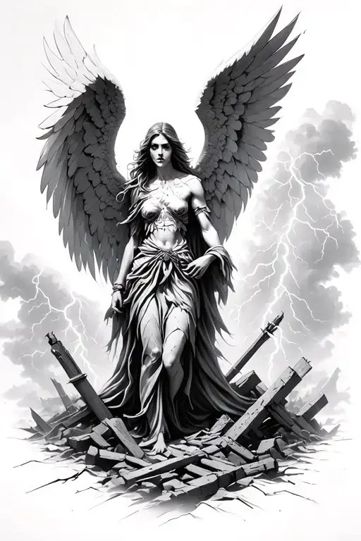 Angelic Black and grey realism: extend into stormy battlefield ruins with bones, cracks, and storming lightning  tattoo design idea