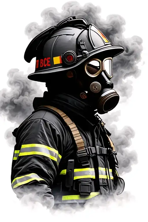 Black and grey silhouette of firefighter in gas mask and turnout gear, set in smoky background. Fine detail in smoke. tattoo design idea