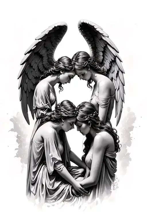 angel bowing their heads tattoo design idea