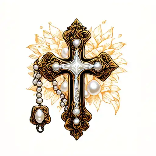 Pearl rosary with cross tattoo design idea