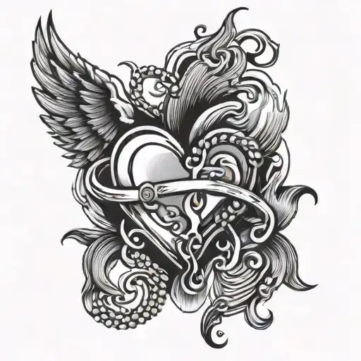 holy heart with rosary beads around it flames and light and shadow stripes tattoo design idea