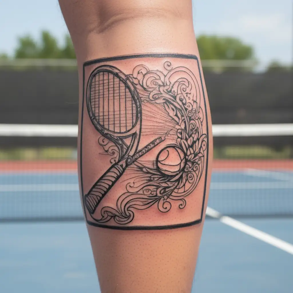 A tattoo design combining a tennis racket and a wave to represent your love for both tennis and surfing tattoo design idea