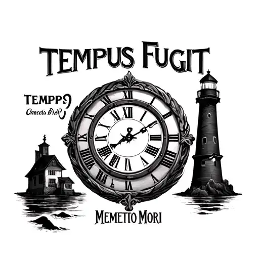 clock with text "TEMPUS FUGIT" above and "MEMENTO MORI" below and a lighthouse in the clock tattoo design idea