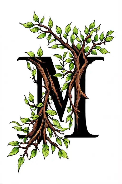 willow tree branches shaped in an M letter tattoo design idea